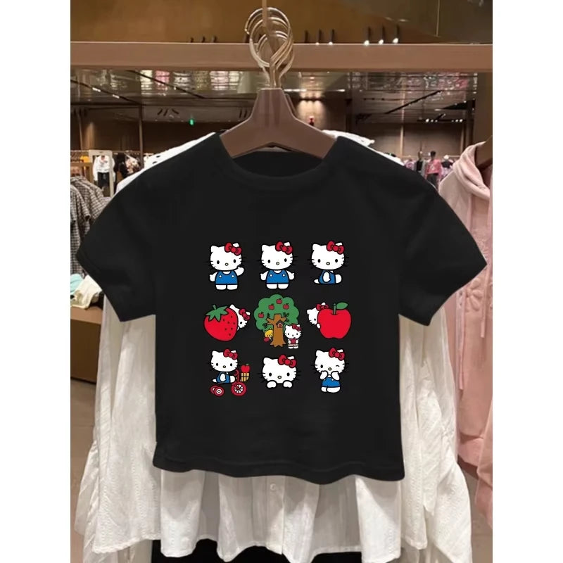 2026 New Summer Collection: Hello Kitty Cartoon Kids' Fashion T-Shirt Pure Cotton, Printed, Cute Short Sleeve Tops